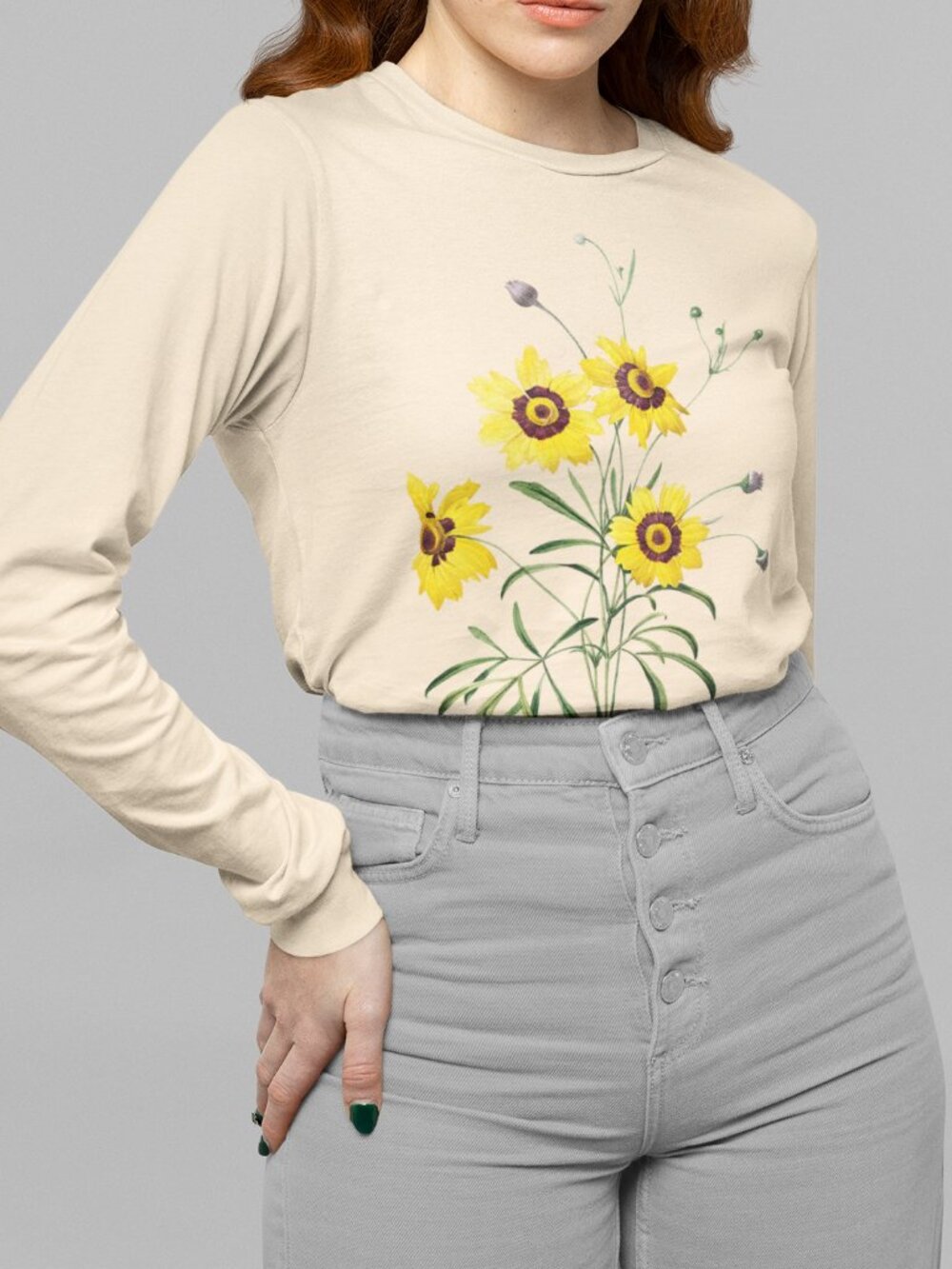 Beggarticks Vintage Floral Print Long Sleeve Graphic Tee T-shirt S-XXL